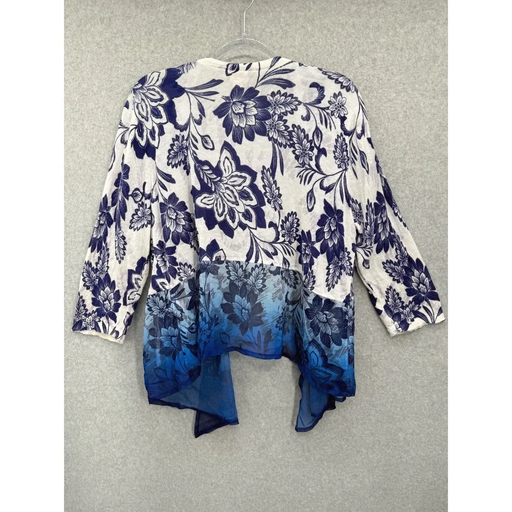 Chico's Cardigan Women Size 3 US XL Blue Floral Ombre Open Front Sheer Hem